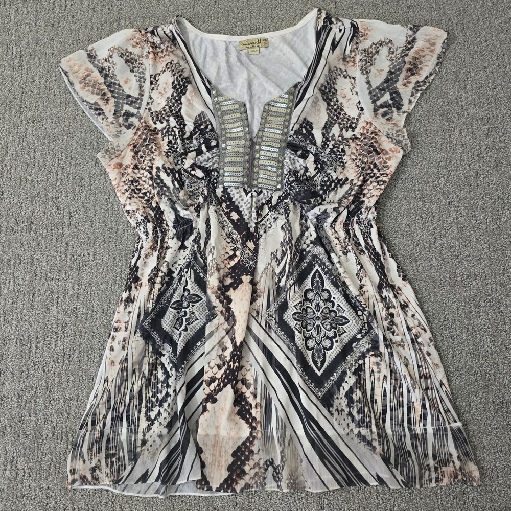 One World Boho Snake Print Sequin Embellished‎ V Neck Empire Waist Top XL